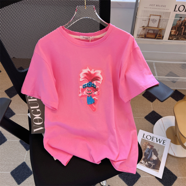 KM21291#粉色印花T恤时尚纯棉上衣