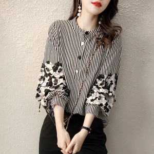 RM5673#条纹拼接灯笼袖长袖衬衫女2023春新款百搭气质撞色立领雪纺上衣