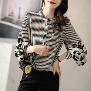 RM5673#条纹拼接灯笼袖长袖衬衫女2023春新款百搭气质撞色立领雪纺上衣