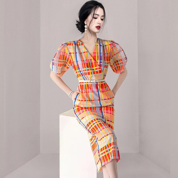 KM21221#韩版时尚复古格子气质收腰显瘦V领包臀连衣裙