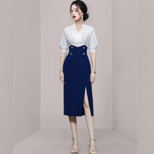 KM23782#夏季新款韩版时尚干练撞色拼接V领假两件职业包臀中裙