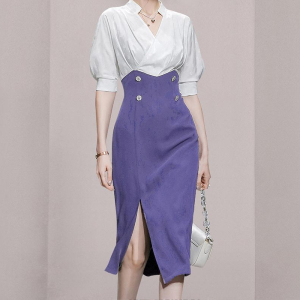 KM21222#韩版时尚撞色V领包臀开叉高腰显瘦通勤职业裙