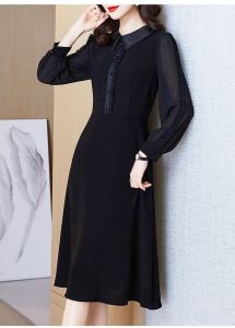 KM21338#Polo领黑色连衣裙女秋季2022新款低调奢华高级感赫本风长袖裙子
