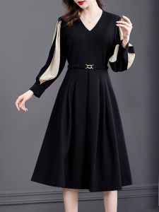 KM21339#高端连衣裙长袖秋季女装2022新款大牌奢华妈妈高贵黑色裙子