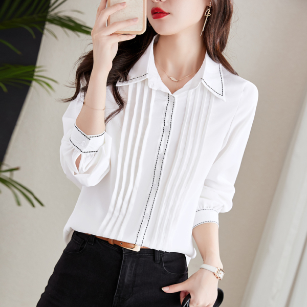 KM21305#白色竖条压褶长袖衬衫宽松气质简约设计感小众衬衣上衣女