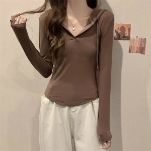 KM21356#韩版新款百搭纯色不规则连帽T恤修身显瘦长袖上衣
