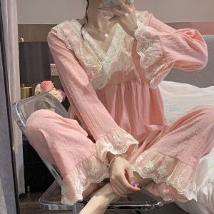 KM21606#韩版日系甜美系带蕾丝花边睡衣套装女