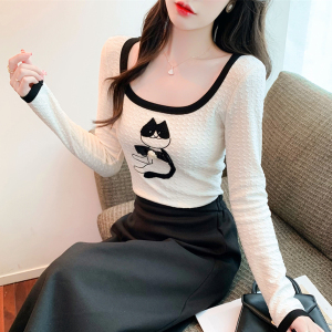 PS53242# 秋季法式小香风设计感可爱猫咪绣花修身长袖针织衫T恤 服装批发女装直播货源