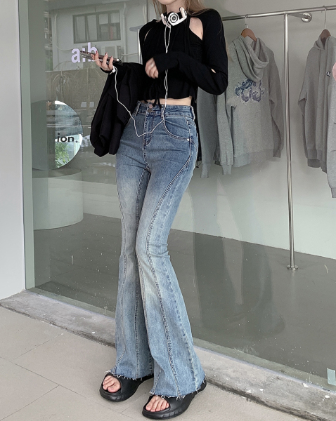 KM21608#美式微喇牛仔裤女设计感秋复古高腰弹力显瘦马蹄喇叭裤