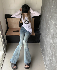KM21608#美式微喇牛仔裤女设计感秋复古高腰弹力显瘦马蹄喇叭裤