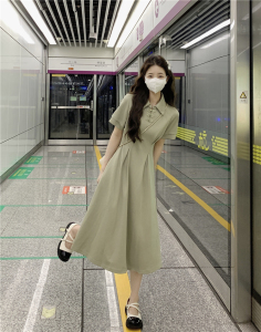 KM21604#赫本新中式盘扣POLO领收腰黑色长裙 复古气质休闲连衣裙