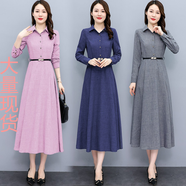 KM22355#新款韩版修身显瘦中长款女装长袖棉麻连衣裙