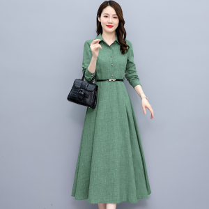 KM22355#新款韩版修身显瘦中长款女装长袖棉麻连衣裙