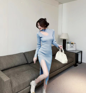 RM24853#韩可欲修身打底裙秋冬长袖针织连衣裙缕空显瘦包臀裙