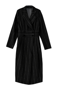 KM21495#西装连衣裙2022秋新款黑色收腰显瘦双排扣长袖针织条纹包臀裙