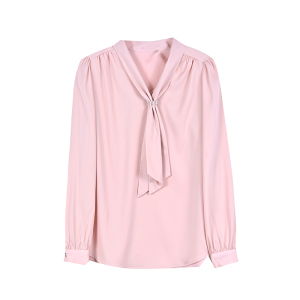 KM21551#西柚粉色气质飘带衬衫女高级感长袖梭织缎面上衣2022秋新款