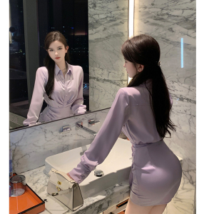 KM21611#紫芋气质女主播淡紫色修身显瘦收腰长袖衬衫连衣裙