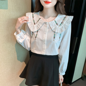 BF33#白色刺绣高级感娃娃领花边衬衫女春季设计感小众宽松显瘦长袖上衣