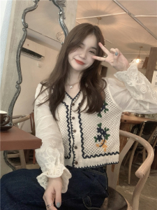 KM23320#韩系复古刺绣v领针织开衫上衣女秋季百搭长袖拼接衬衣