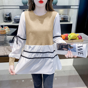 KM29409#韩版时尚假两件衬衫女秋季2022年新款宽松系带减龄气质灯笼袖上衣