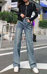 KM22471#显瘦复古牛仔裤女秋冬新款高腰垂感小众设计感阔腿裤