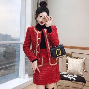 PS68849# 春季新款时尚名媛小香风红色套装裙两件套高级感财阀千金套装