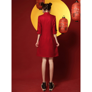 KM25742#国潮旗袍2022年新款夏季红色年轻款学生改良版小个子短款连衣裙女