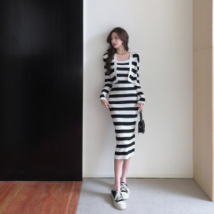 PS50820# 韩版复古黑白条纹背心裙+长袖开衫两件套修身显瘦 服装批发女装直播货源