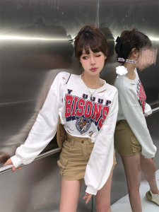 PS49309# 韩版休闲百搭复古短款印花字母长袖破洞T恤卫衣  服装批发女装直播货源