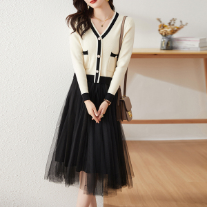 KM22325#新款韩版气质显瘦假两件网纱拼接针织连衣裙女