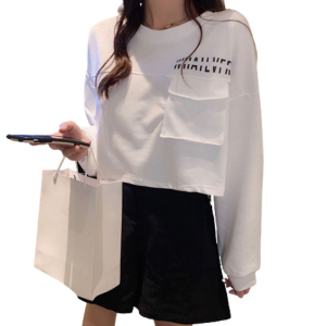 PS51375# 韩版宽松长袖T恤圆领套头设计感小众时尚口袋设计感女长袖卫衣 服装批发女装直播货源