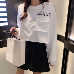 PS51375# 韩版宽松长袖T恤圆领套头设计感小众时尚口袋设计感女长袖卫衣 服装批发女装直播货源