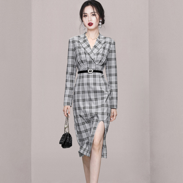 KM22501#韩版新款修身西装领长袖收腰格子开叉连衣裙