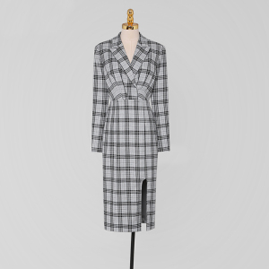KM22501#韩版新款修身西装领长袖收腰格子开叉连衣裙