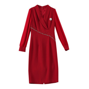 RM9192#红色连衣裙女长袖秋季新款气质女神范V领修身钉珠职业裙子 