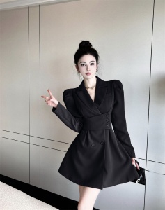 TR48241# 法式泡泡袖腰封设计收腰西装连衣裙 服装批发女装批发服饰货源