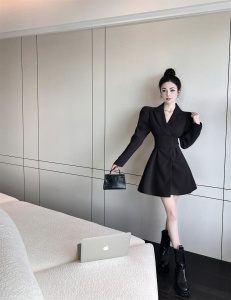 TR48241# 法式泡泡袖腰封设计收腰西装连衣裙 服装批发女装批发服饰货源