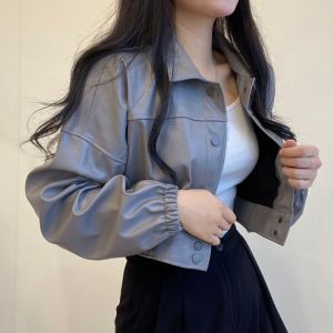 KM22374#韩系少女 翻领束口 短款 皮夹克外套 皮衣