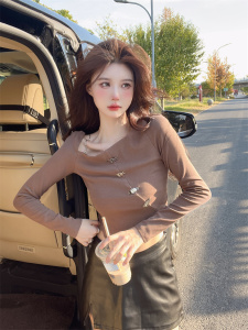 PS59971# 新款韩版一字领搭扣修身性感露锁骨长袖T恤 服装批发女装服饰货源