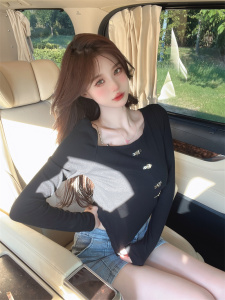 PS59971# 新款韩版一字领搭扣修身性感露锁骨长袖T恤 服装批发女装服饰货源