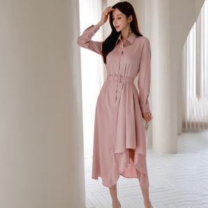 KM24495#新款韩版时尚气质优雅大气衬衫衬衣腰带长款连衣裙