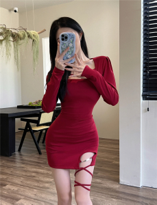 Hollow out strap tight Hip Wrap Long Sleeve Dress