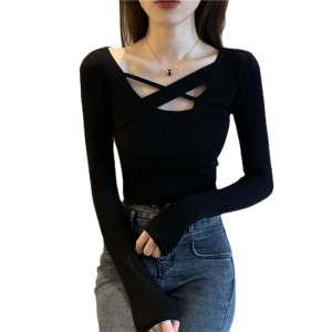 PS50420# 新款秋季上衣设计感内搭打底衫黑色修身显瘦长袖T恤女 服装批发女装直播货源