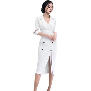 KM23787#新款韩版时尚气质西装领拼接干练简约职业中长包臀裙