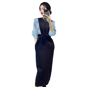 KM21785#新款设计感假两件套显瘦中长款连衣裙