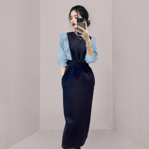 RM23409#新款设计感假两件套显瘦中长款连衣裙
