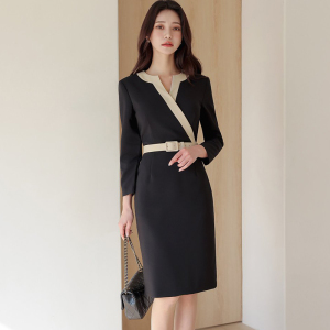 KM23155#新款韩版气质V领修身收腰拼色中长款时尚职业连衣裙