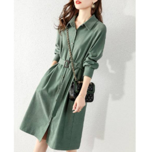 PS50188# 灰绿色长袖连衣裙秋季新款女装收腰系带显瘦衬衫式裙子女 服装批发女装直播货源