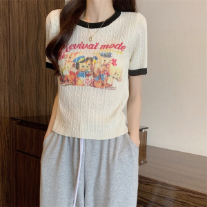 KM22221#韩版美式短袖t恤女设计感印花小众修身针织衫短款上衣女