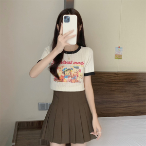 KM22221#韩版美式短袖t恤女设计感印花小众修身针织衫短款上衣女